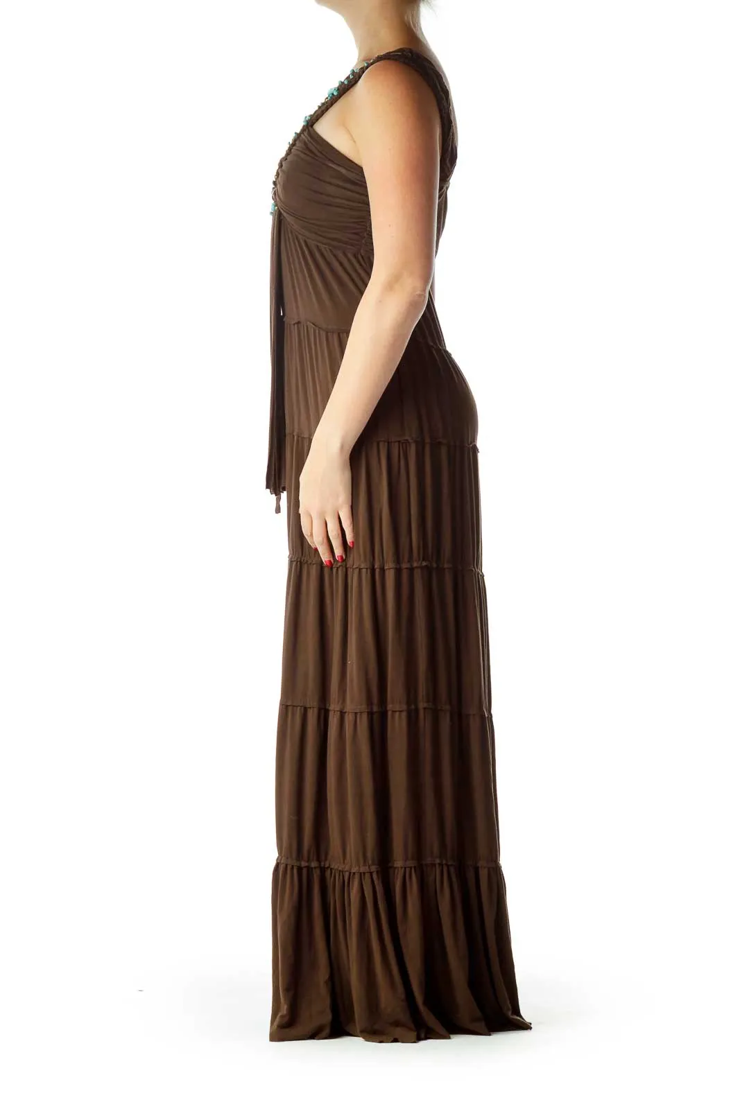 Brown Blue Beaded Braided Maxi Dress