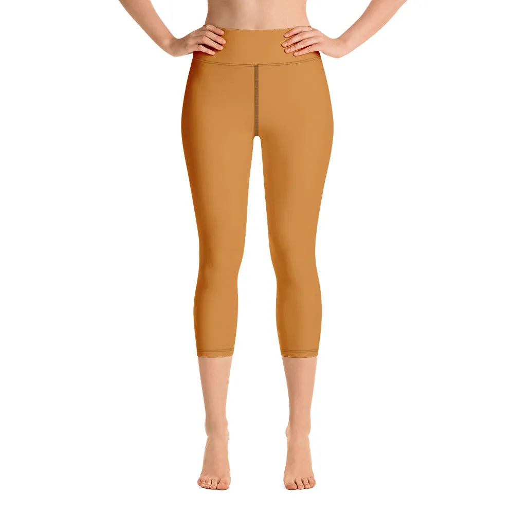 Brown Yoga Capri Leggings, Solid Brown Beige Color Women's Capris Tights-Made in USA/EU/MX