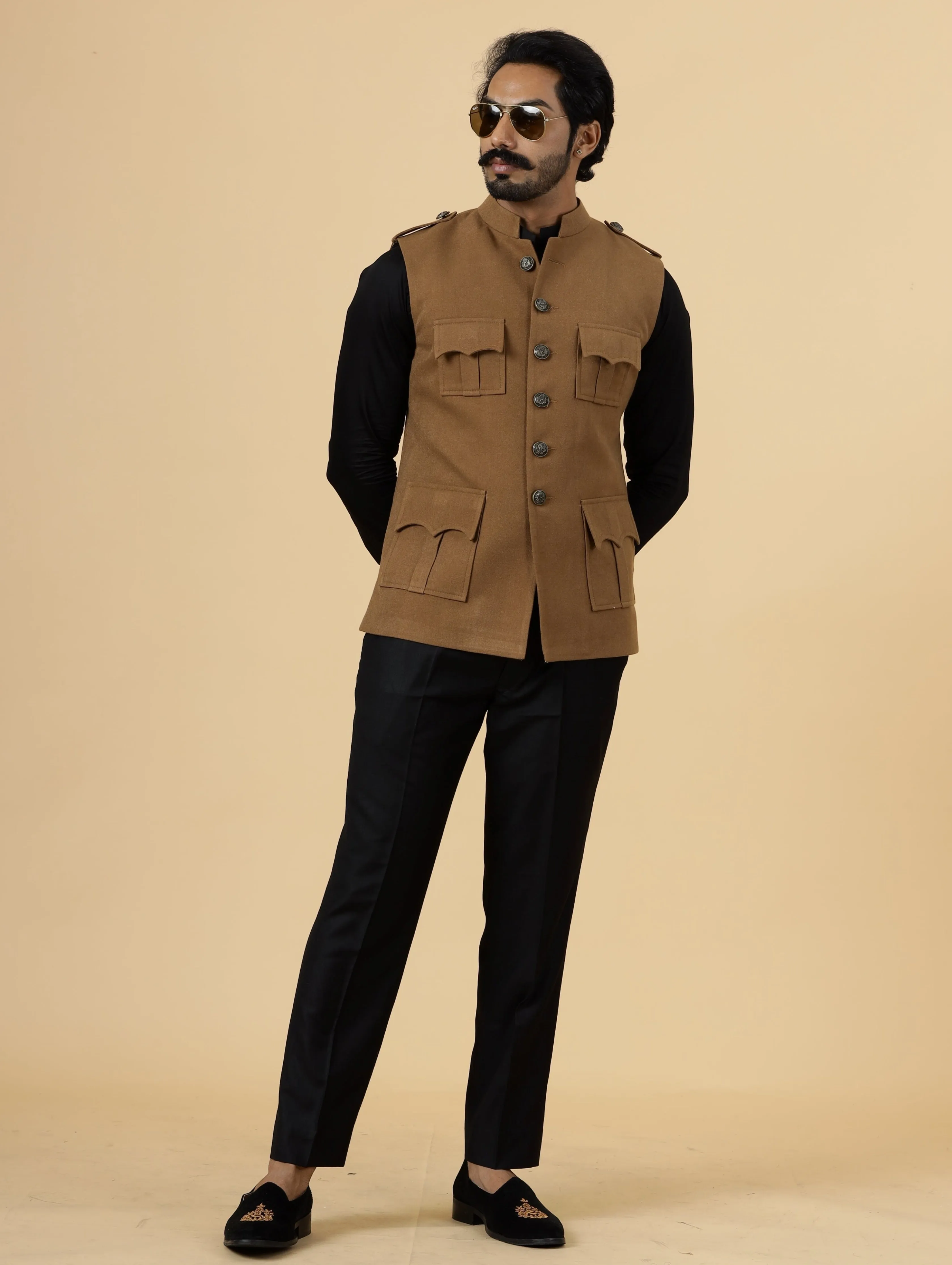 Camel Brown Tweed Semi -Hunting Rajputana Jacket