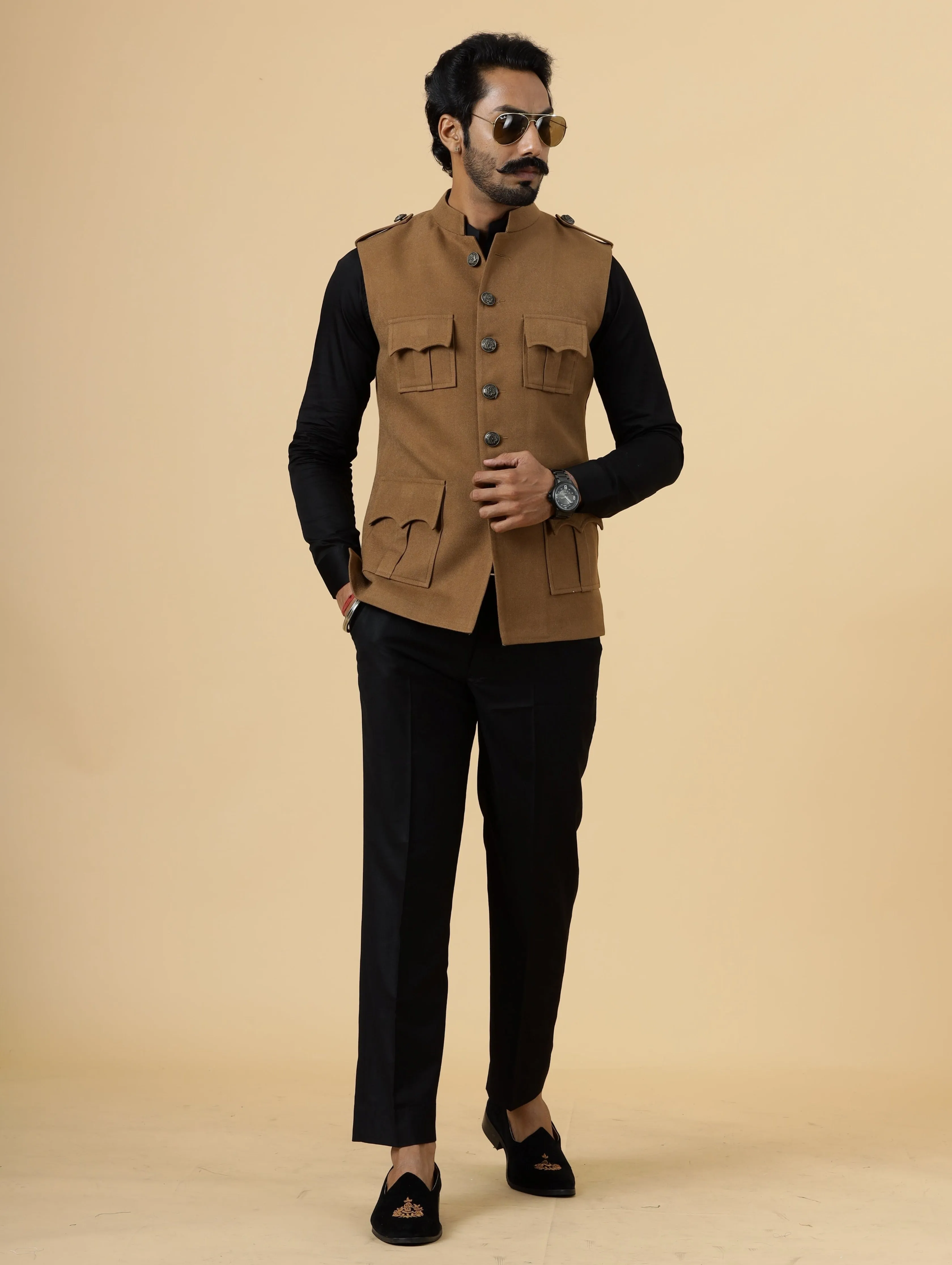 Camel Brown Tweed Semi -Hunting Rajputana Jacket