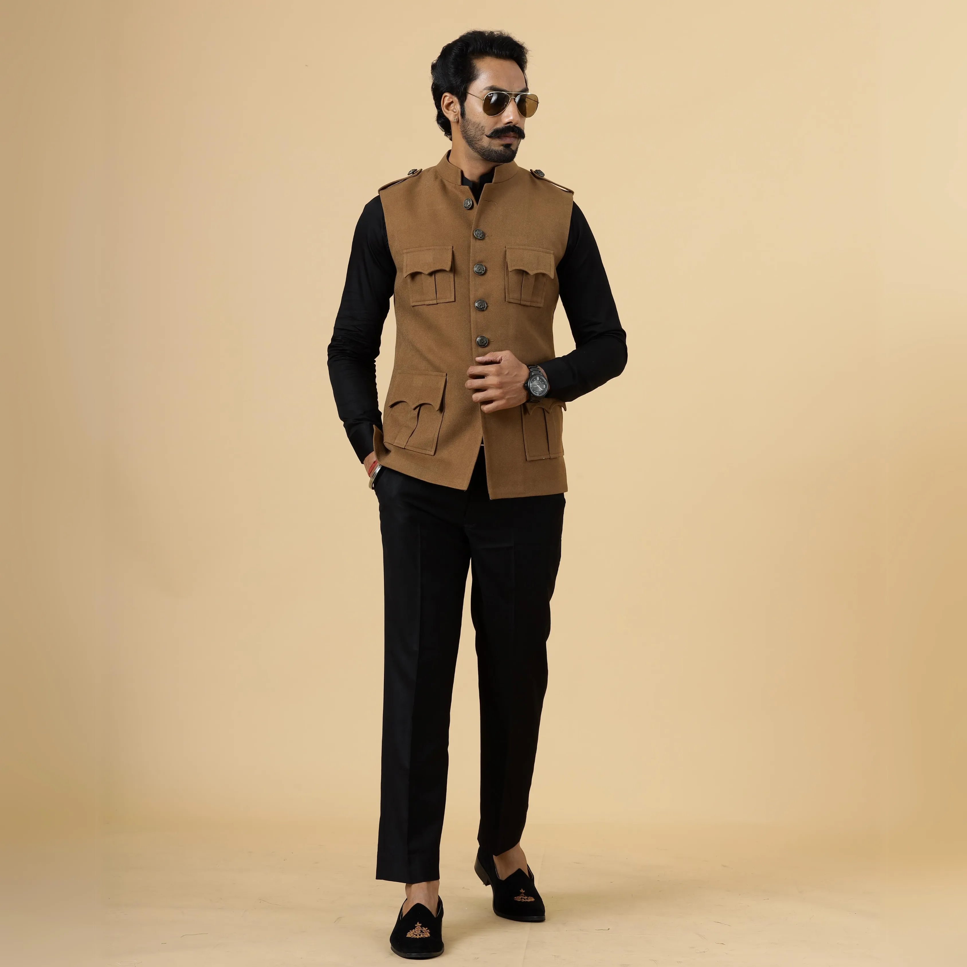 Camel Brown Tweed Semi -Hunting Rajputana Jacket