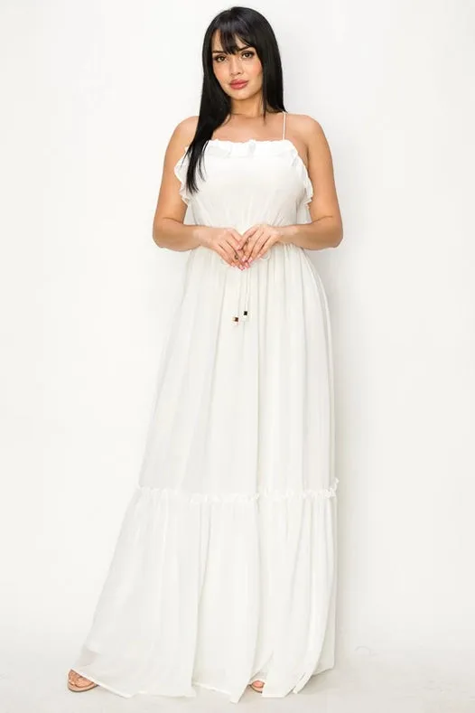 Chiffon Strap Ruffled Tie Waist Maxi Dress Ivory