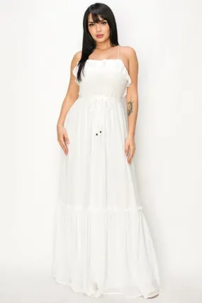 Chiffon Strap Ruffled Tie Waist Maxi Dress Ivory