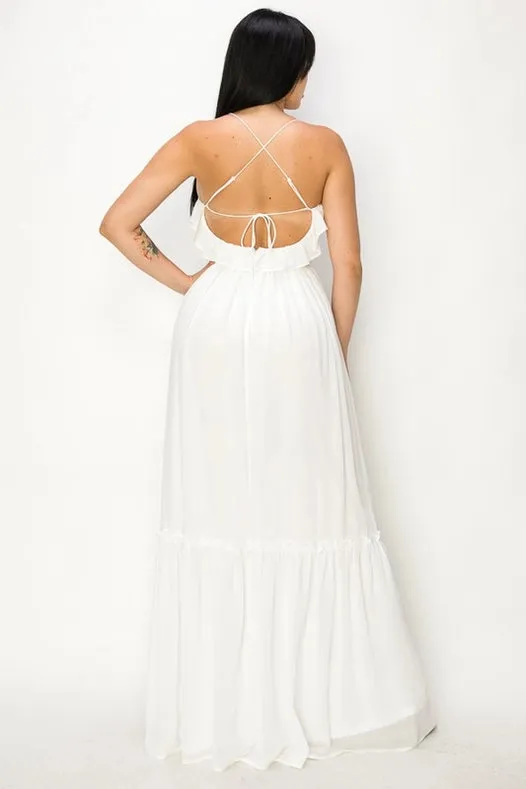 Chiffon Strap Ruffled Tie Waist Maxi Dress Ivory