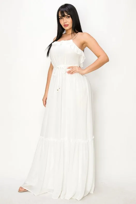 Chiffon Strap Ruffled Tie Waist Maxi Dress Ivory