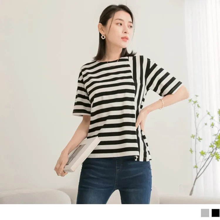 COTTON STRIPED PATCHED TUNIC SHORT SLEEVE TOPS