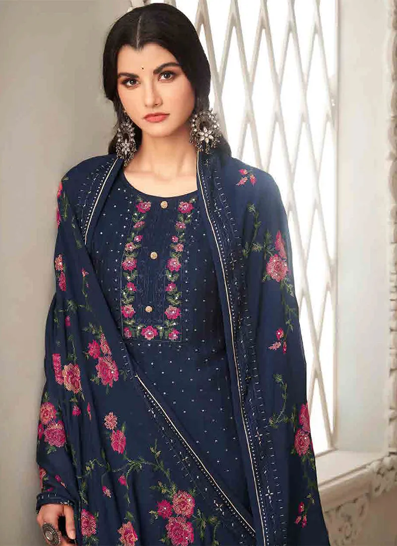 Dark Blue Floral Embroidery Traditional Salwar Kameez