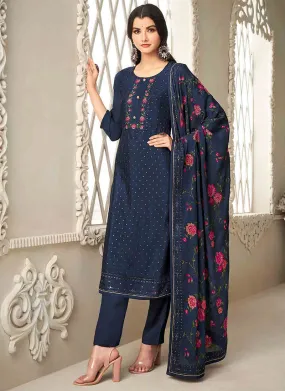 Dark Blue Floral Embroidery Traditional Salwar Kameez