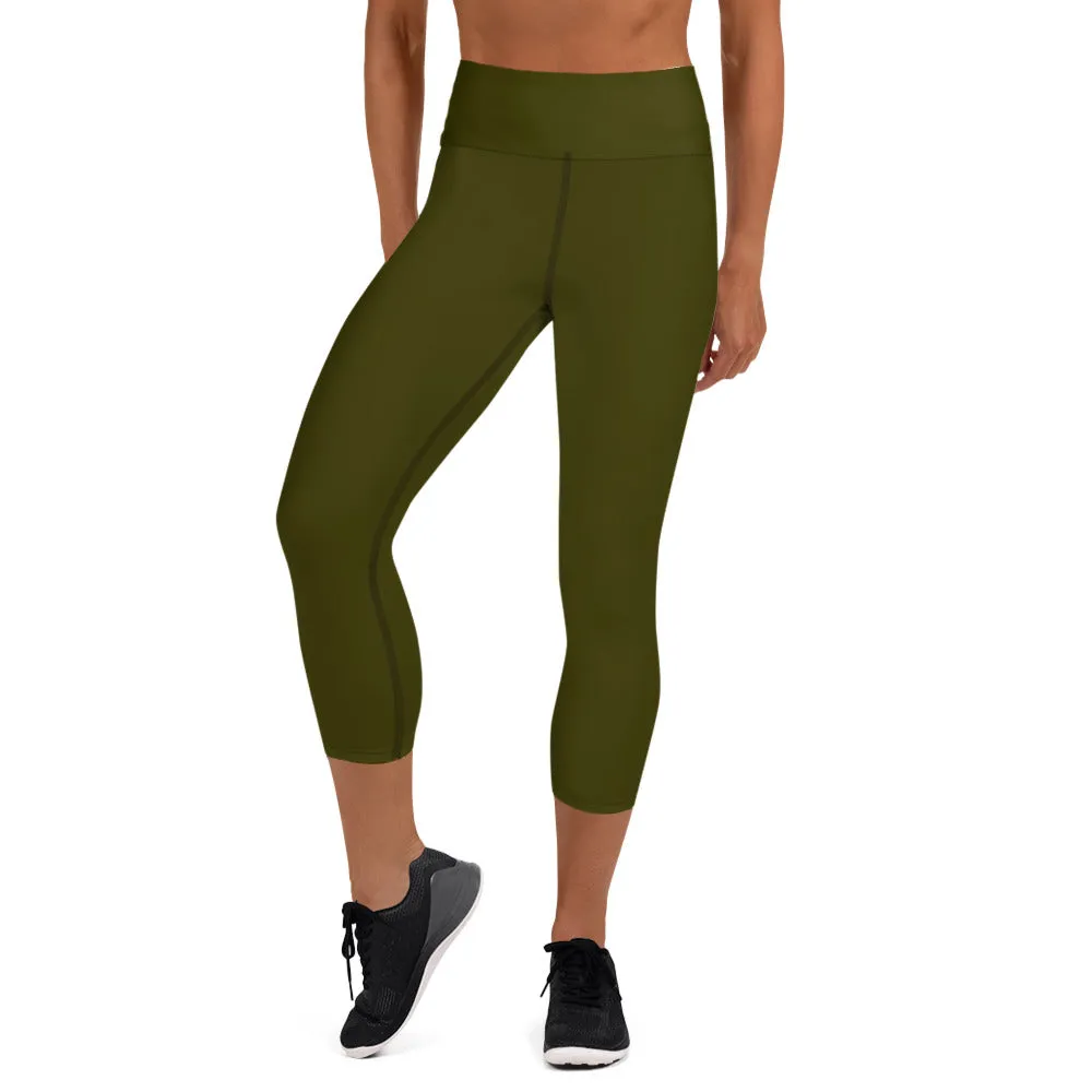 Dark Green Yoga Capri Leggings, Solid Color Women's Workout Gym Tights- Made in USA/EU/MX