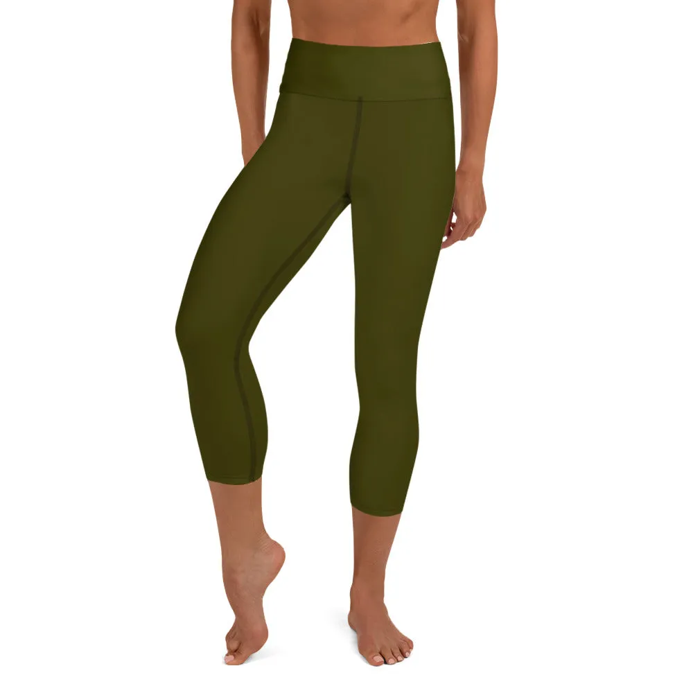 Dark Green Yoga Capri Leggings, Solid Color Women's Workout Gym Tights- Made in USA/EU/MX