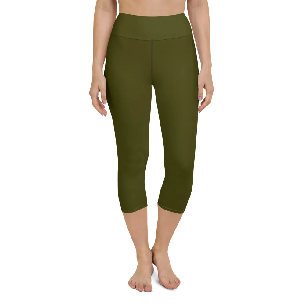 Dark Green Yoga Capri Leggings, Solid Color Women's Workout Gym Tights- Made in USA/EU/MX