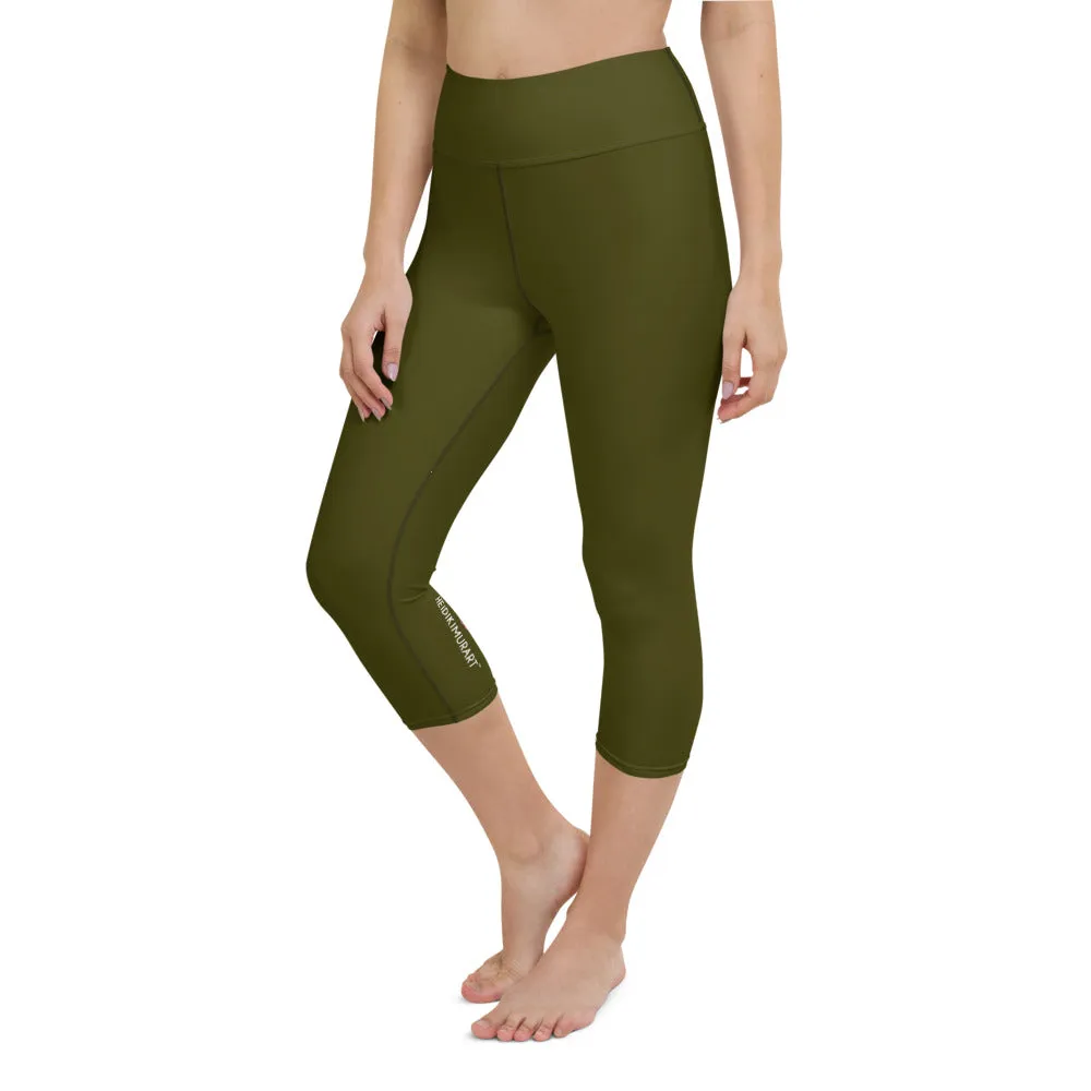 Dark Green Yoga Capri Leggings, Solid Color Women's Workout Gym Tights- Made in USA/EU/MX