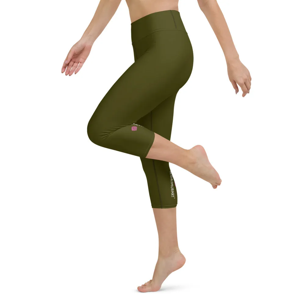 Dark Green Yoga Capri Leggings, Solid Color Women's Workout Gym Tights- Made in USA/EU/MX