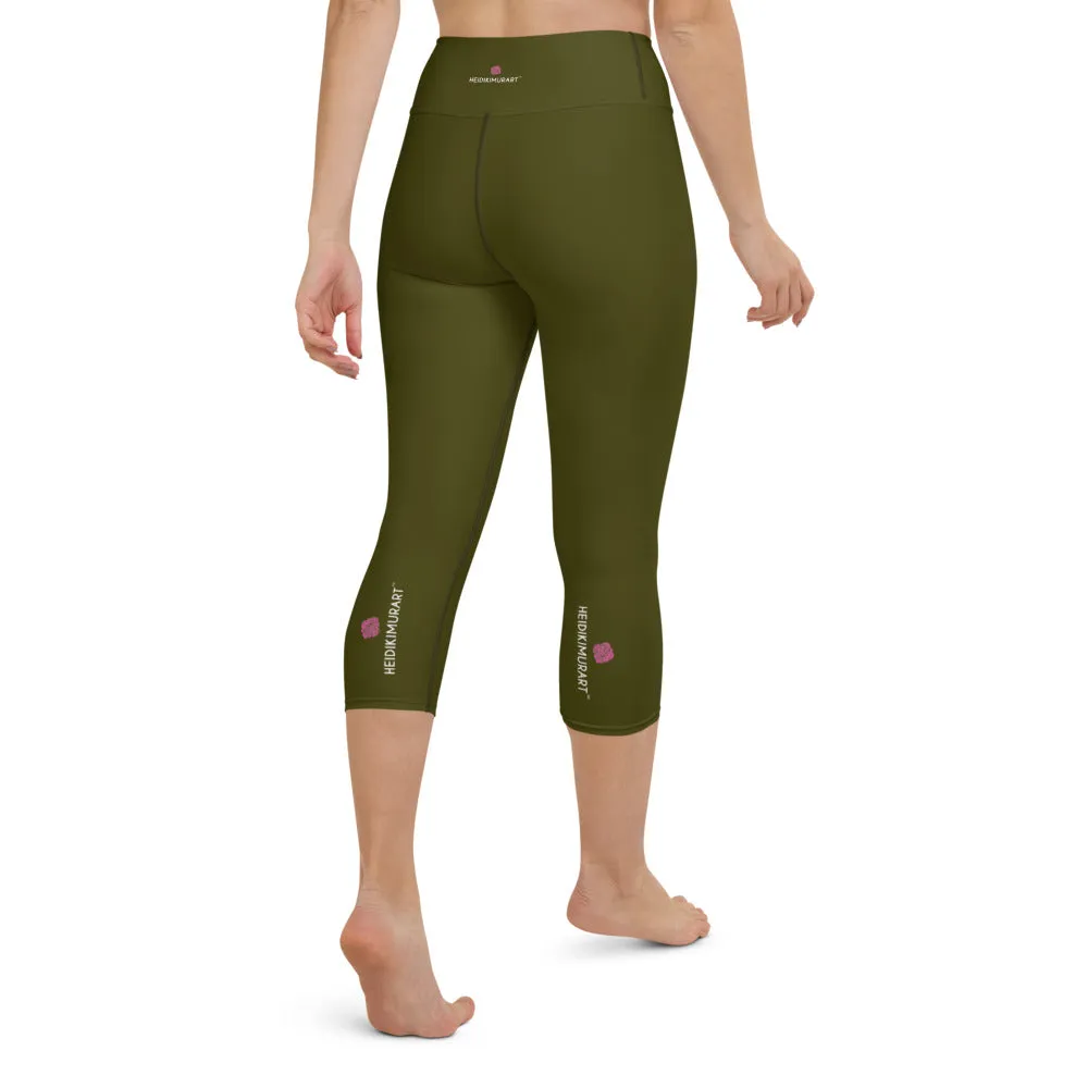 Dark Green Yoga Capri Leggings, Solid Color Women's Workout Gym Tights- Made in USA/EU/MX