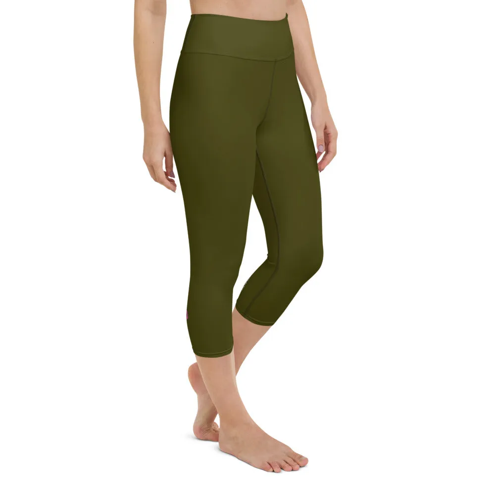 Dark Green Yoga Capri Leggings, Solid Color Women's Workout Gym Tights- Made in USA/EU/MX