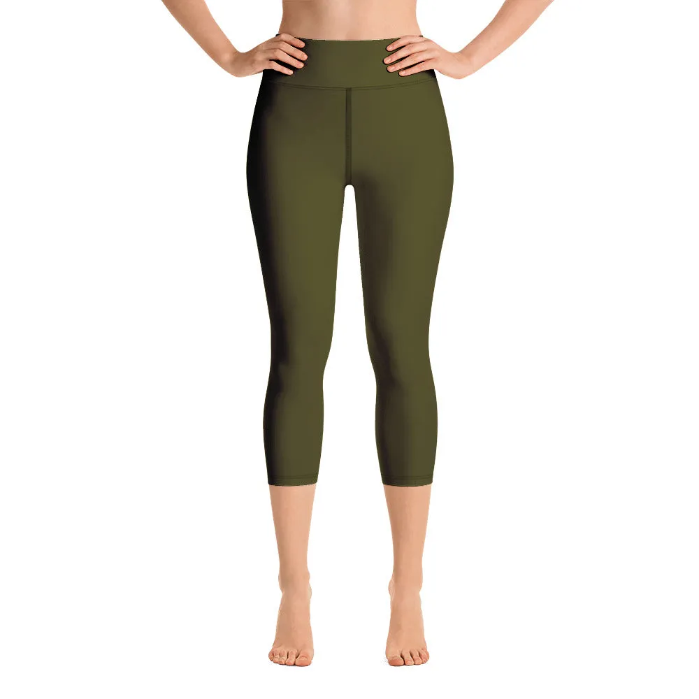 Dark Green Yoga Capri Leggings, Solid Color Women's Workout Gym Tights- Made in USA/EU/MX