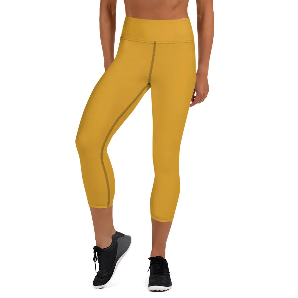 Dark Yellow Yoga Capri Leggings, Solid Color Women's Workout Gym Tights-Made in USA/EU/MX