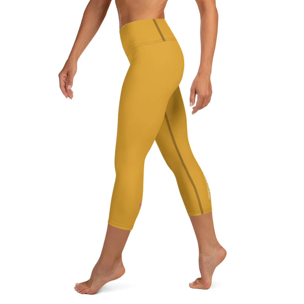 Dark Yellow Yoga Capri Leggings, Solid Color Women's Workout Gym Tights-Made in USA/EU/MX