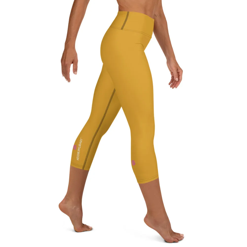 Dark Yellow Yoga Capri Leggings, Solid Color Women's Workout Gym Tights-Made in USA/EU/MX