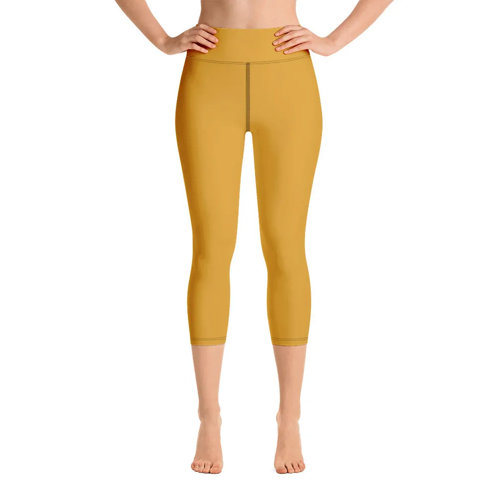 Dark Yellow Yoga Capri Leggings, Solid Color Women's Workout Gym Tights-Made in USA/EU/MX