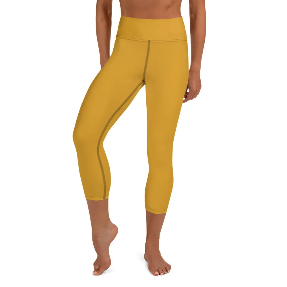 Dark Yellow Yoga Capri Leggings, Solid Color Women's Workout Gym Tights-Made in USA/EU/MX