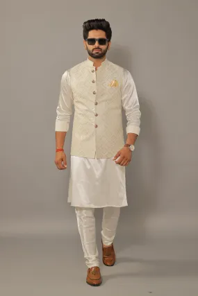 Dazzling Off-White Luckhnawi Sequin Embroidered Nehru Jacket with White Kurta Pajama Set  - Handcrafted | Free Personalization | Diwali, Sangeet Party