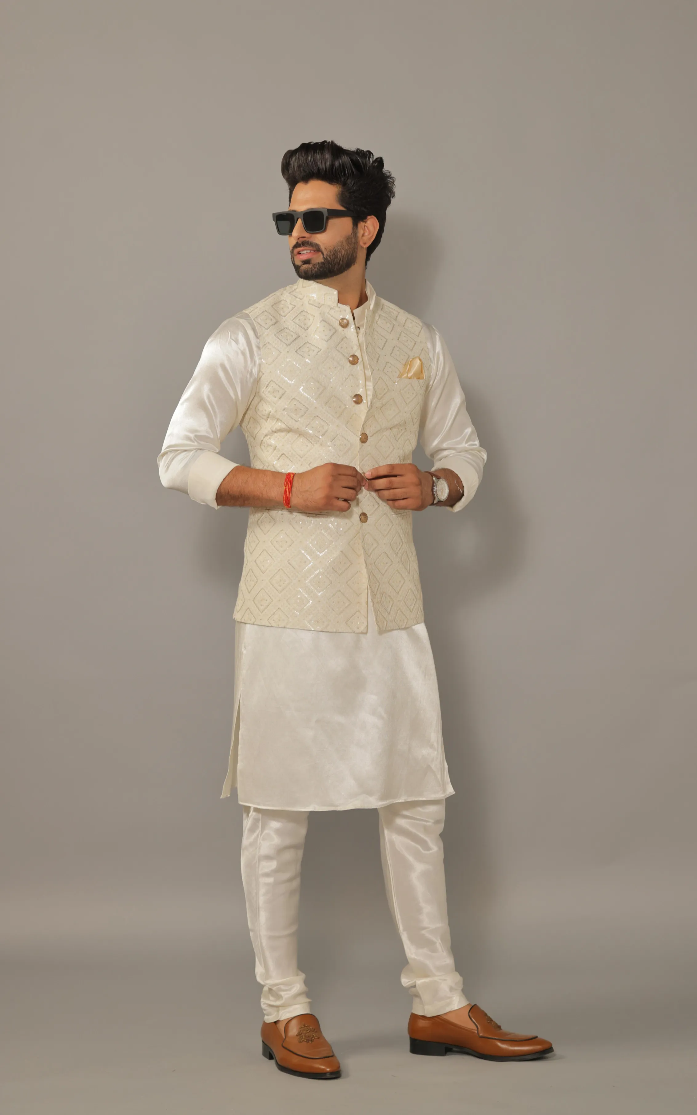 Dazzling Off-White Luckhnawi Sequin Embroidered Nehru Jacket with White Kurta Pajama Set  - Handcrafted | Free Personalization | Diwali, Sangeet Party