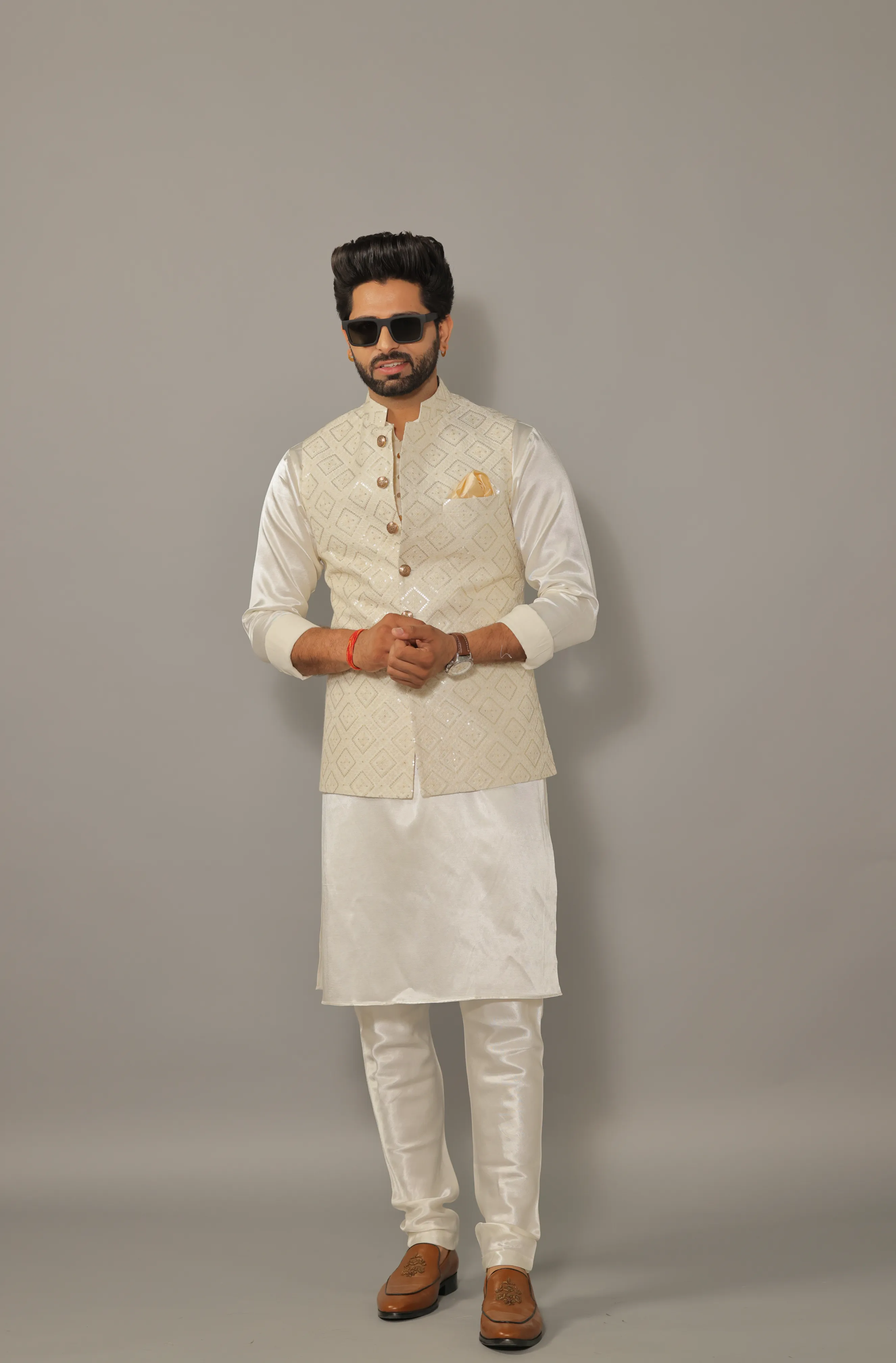 Dazzling Off-White Luckhnawi Sequin Embroidered Nehru Jacket with White Kurta Pajama Set  - Handcrafted | Free Personalization | Diwali, Sangeet Party