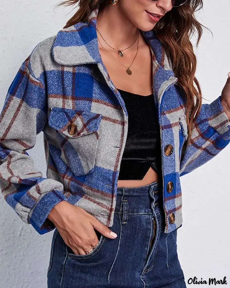 Deanwangkt - Long-sleeved cropped jacket in plaid print with pocket