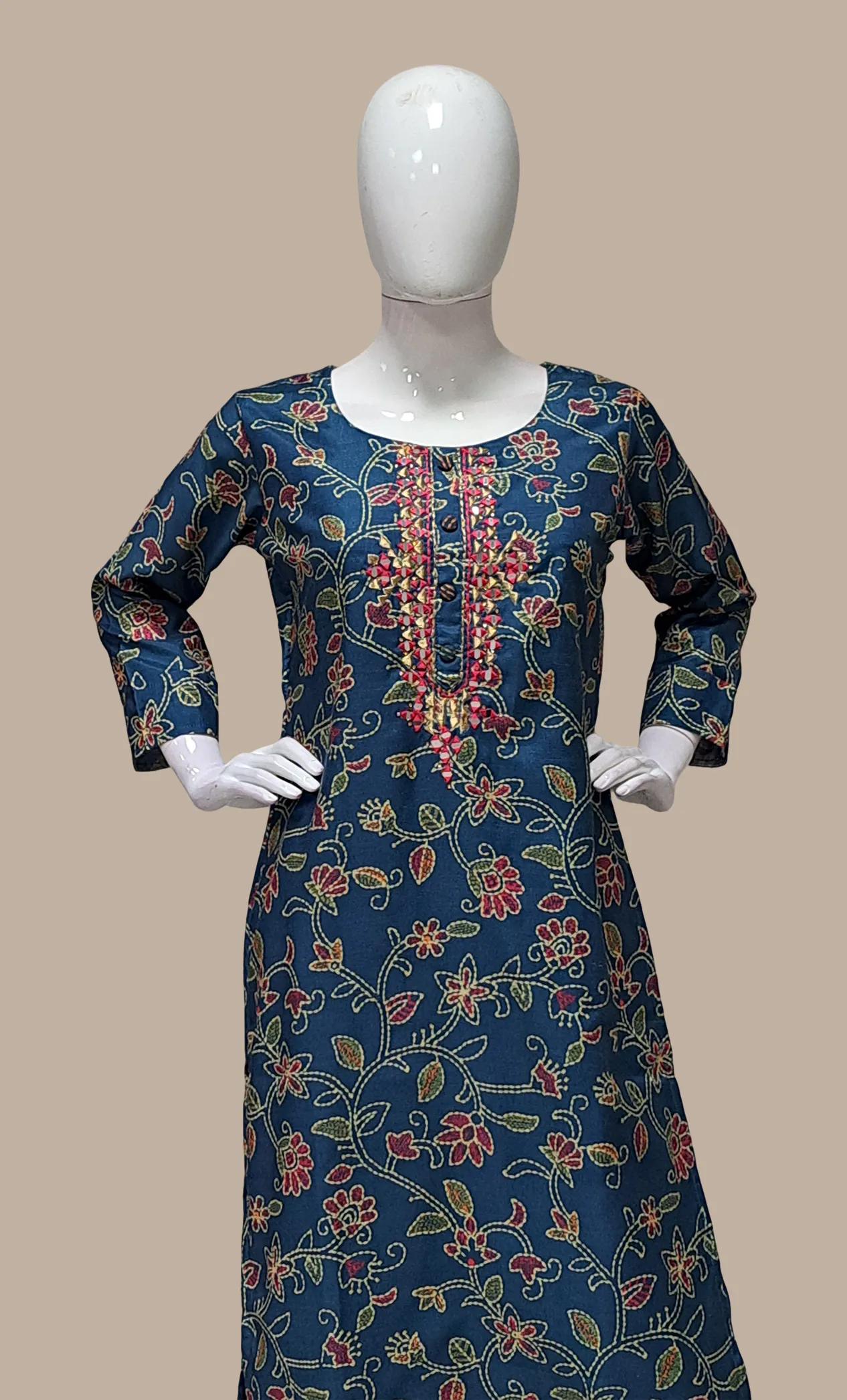 Deep Teal Embroidered Kurti Top & Pants