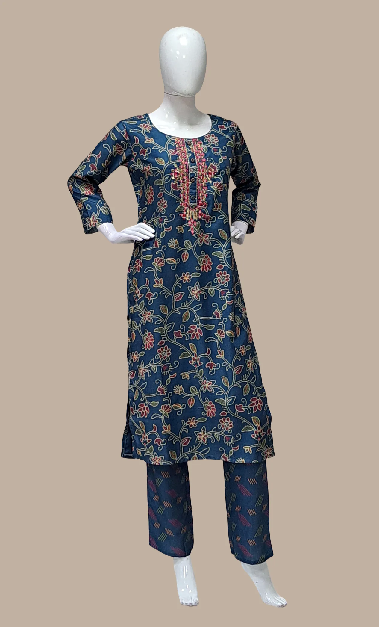 Deep Teal Embroidered Kurti Top & Pants