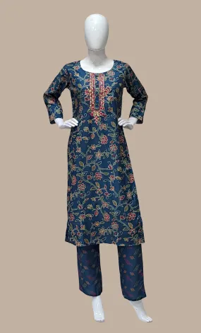 Deep Teal Embroidered Kurti Top & Pants