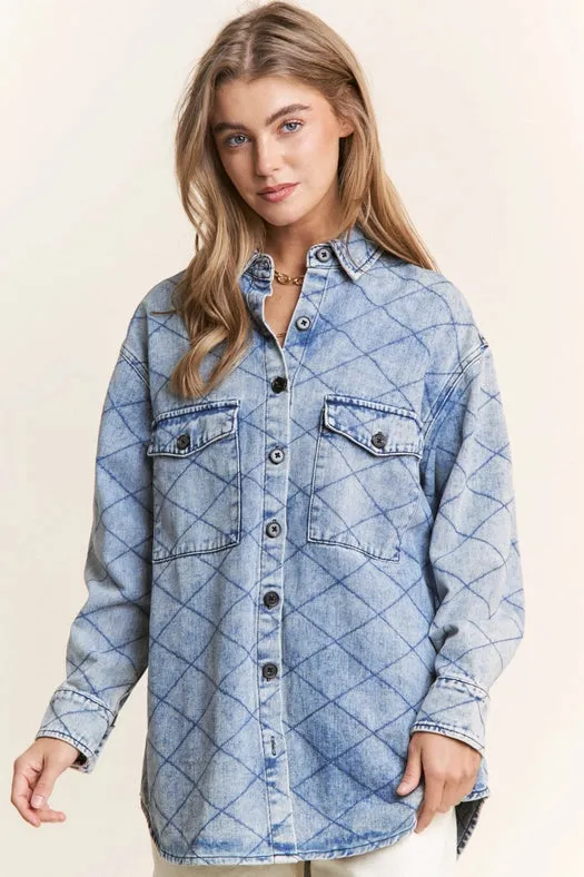 Denim Quilt Stitch Jacket-Plus Size Denim Blue