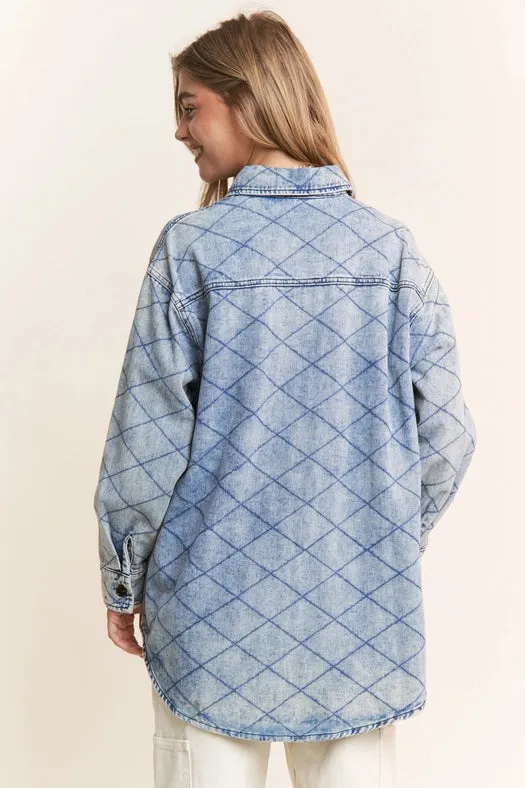 Denim Quilt Stitch Jacket-Plus Size Denim Blue