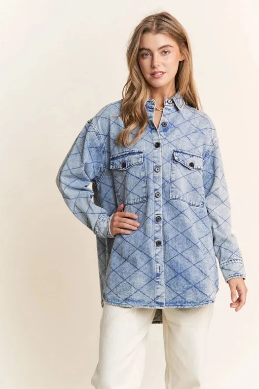 Denim Quilt Stitch Jacket-Plus Size Denim Blue