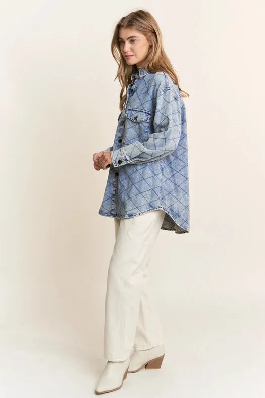 Denim Quilt Stitch Jacket-Plus Size Denim Blue