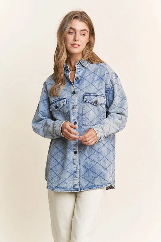 Denim Quilt Stitch Jacket-Plus Size Denim Blue