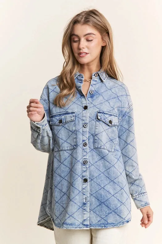 Denim Quilt Stitch Jacket-Plus Size Denim Blue