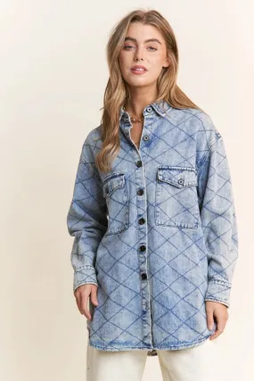 Denim Quilt Stitch Jacket-Plus Size Denim Blue