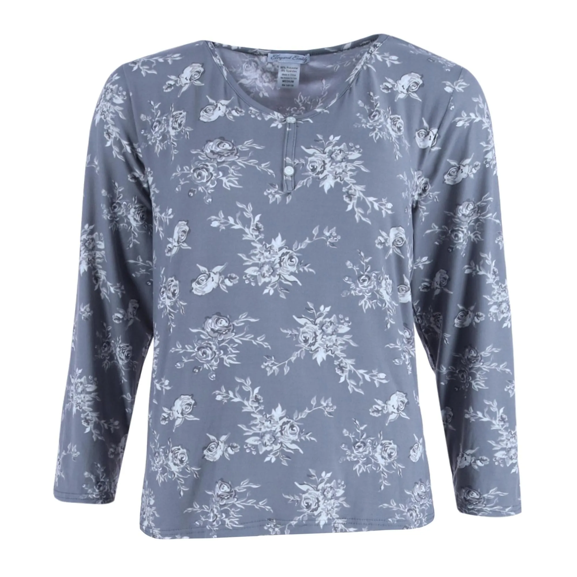 Elegant Emily Women's Plus Henley & Pant Grey Floral Set