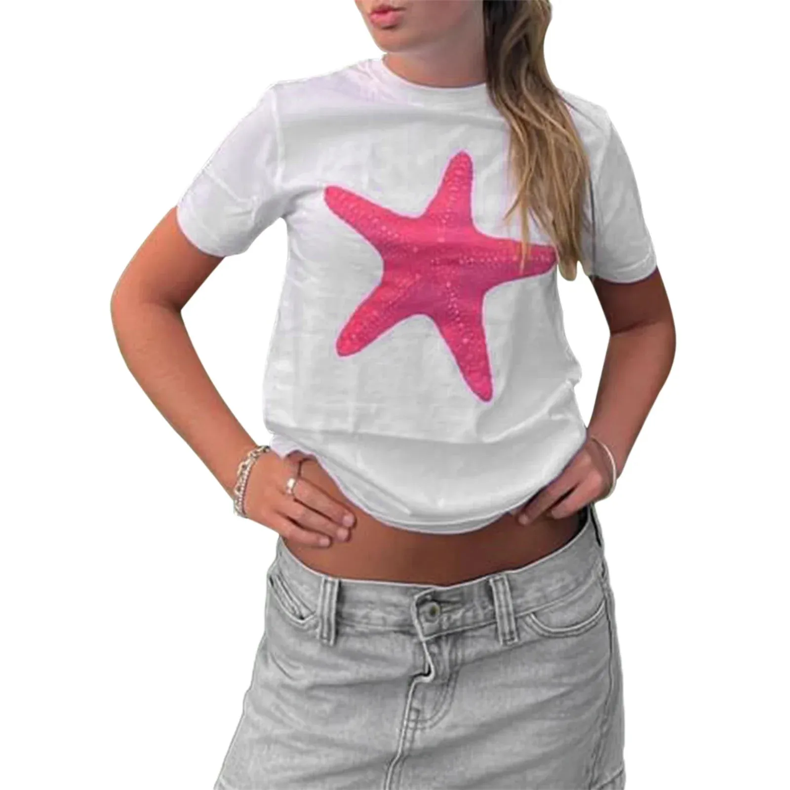 Floral Starfish Pomegranate Printing Short Sleeve Vintage Round Neck Summer T-shirt