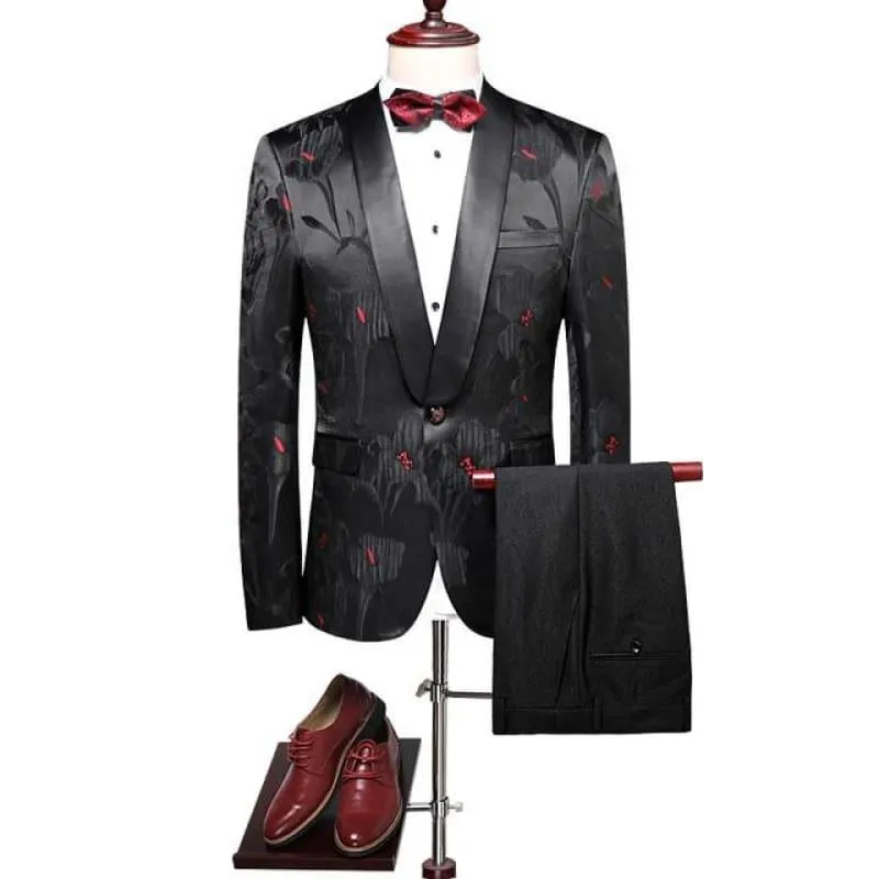 Floral Suit Shawl Collar Tuxedo Jacket Pants Luxury Suit