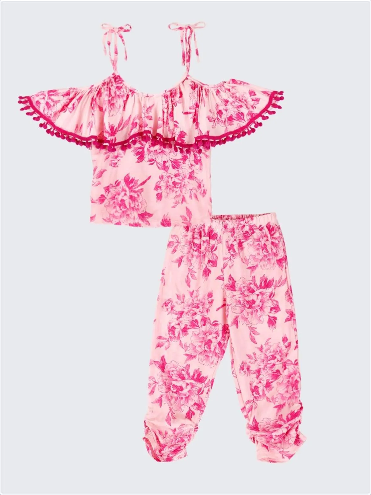 Girls Floral Off The Shoulder Ruffled Top with Pom Pom Trim And Side Ruched Capri Pant Set