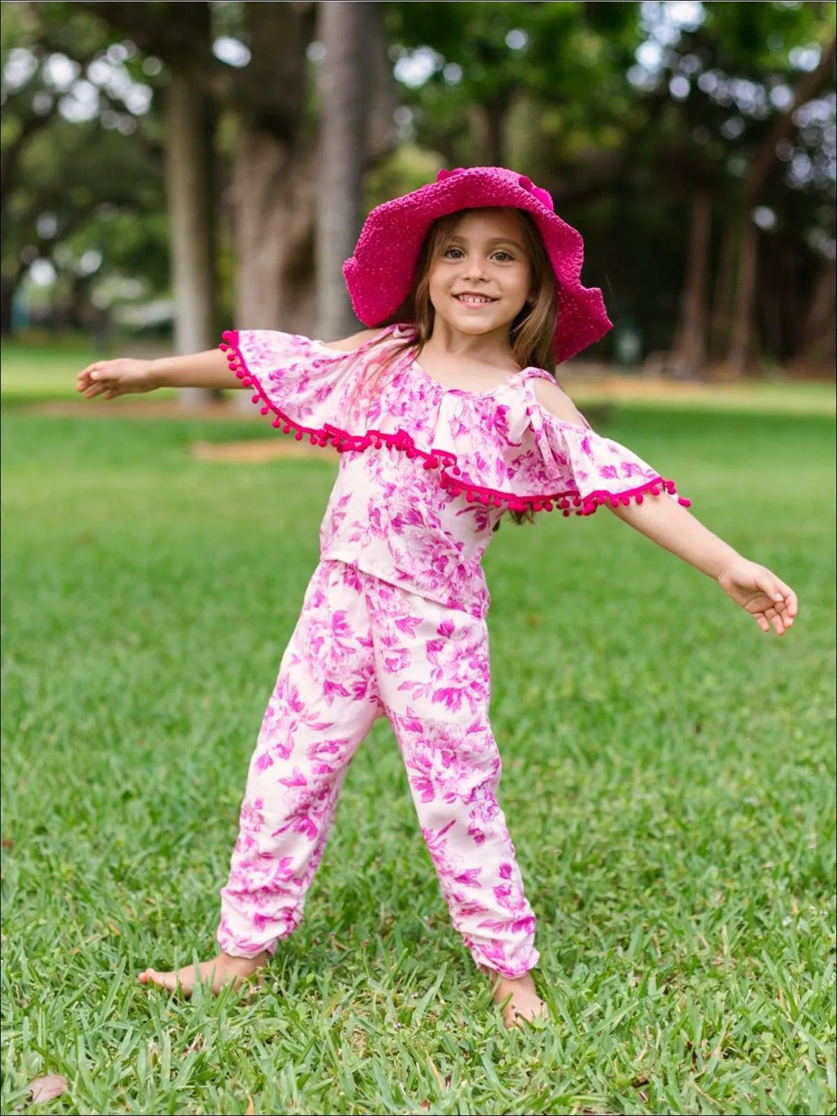 Girls Floral Off The Shoulder Ruffled Top with Pom Pom Trim And Side Ruched Capri Pant Set