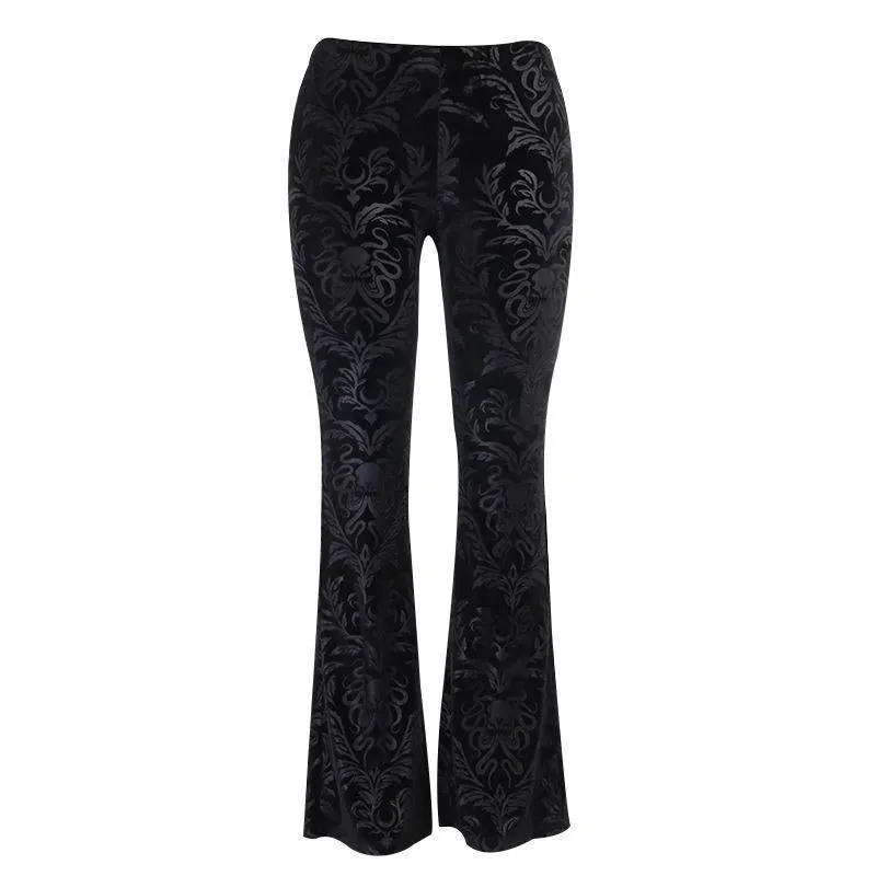 Goth Black Floral Pants Suede Embossed Casual