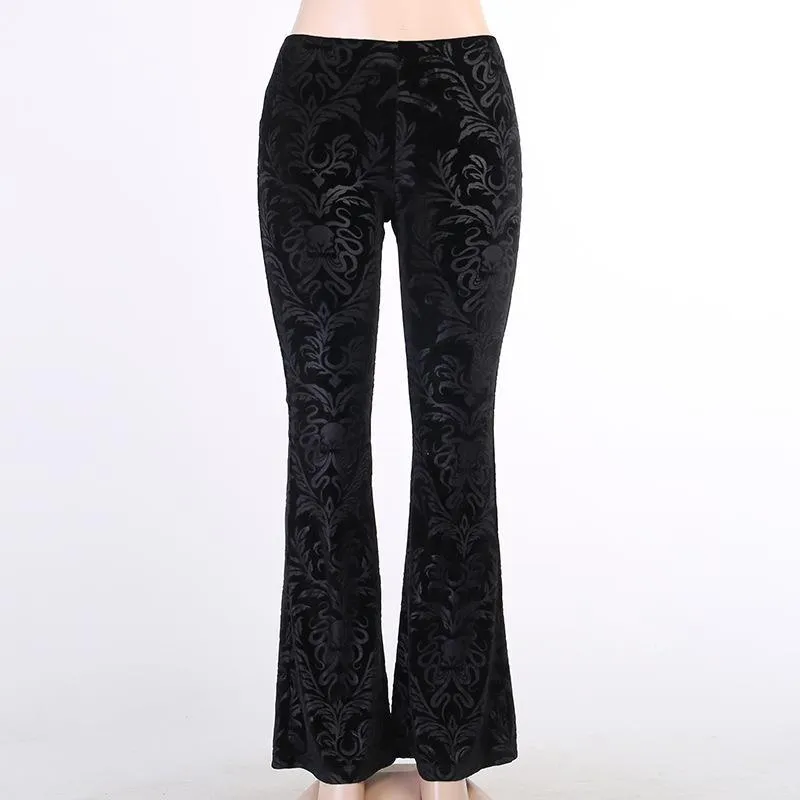 Goth Black Floral Pants Suede Embossed Casual