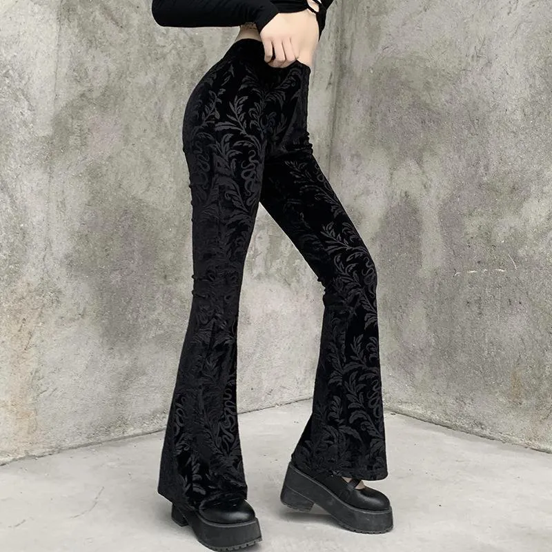 Goth Black Floral Pants Suede Embossed Casual