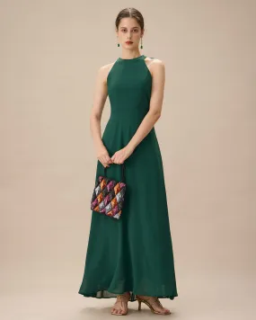 Green Halter Bowknot Back Maxi Dress