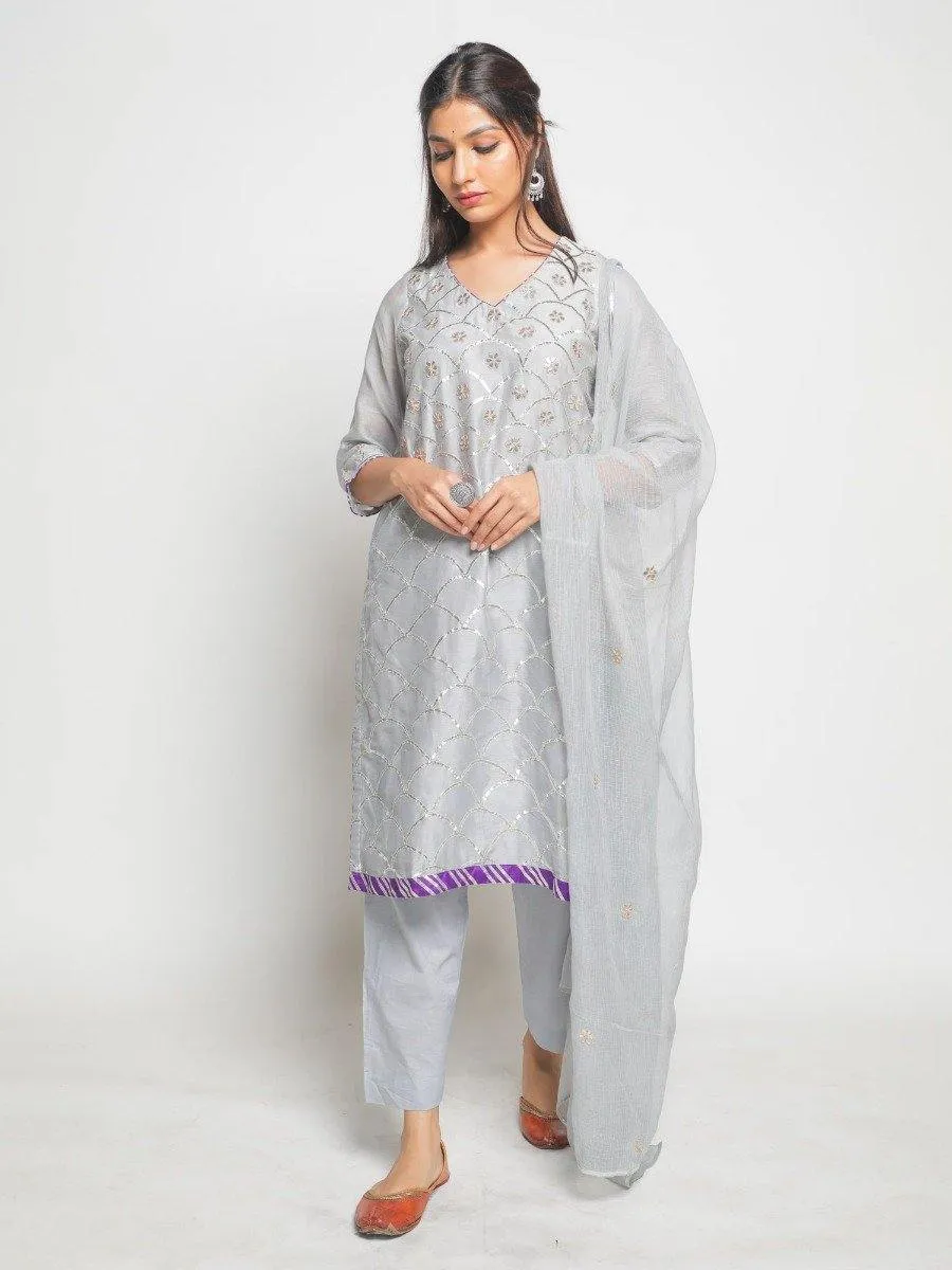 Grey Matsya Kurta With Pant & Dupatta (Set of 3)