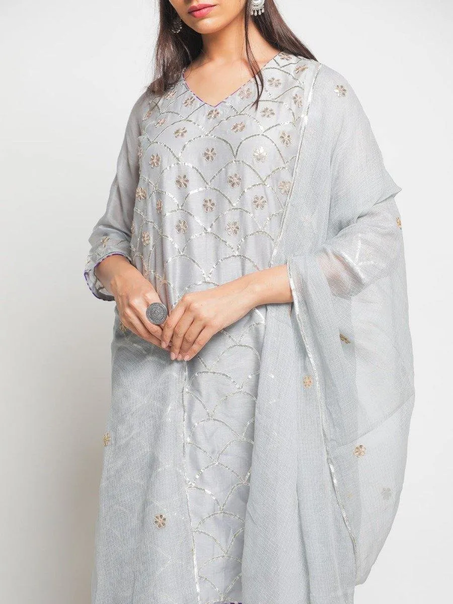 Grey Matsya Kurta With Pant & Dupatta (Set of 3)